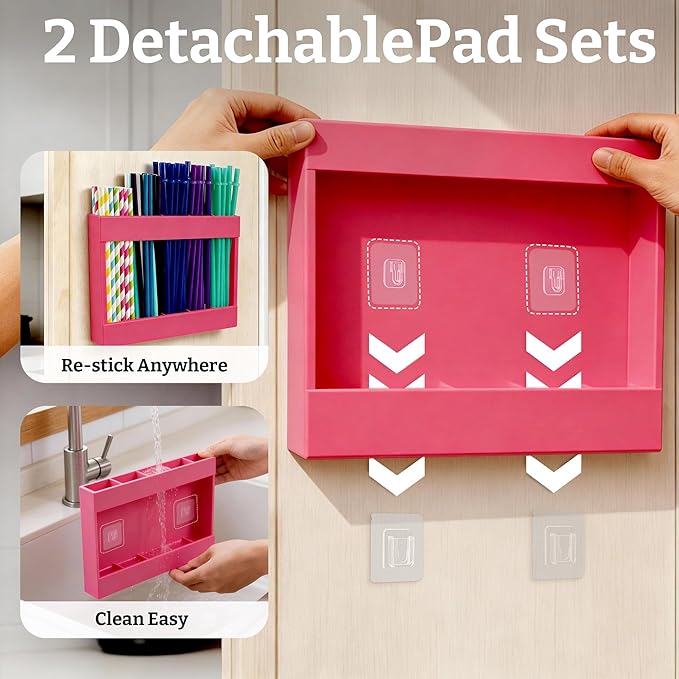 9.5” Large Acrylic Straw Holder for Cabinet Door with Detachable Ultra Sticky Adhesive Squares and Stickers, 2026 Reusable Straws Organizer Storage Dispenser for Kitchen Counter Cupboard