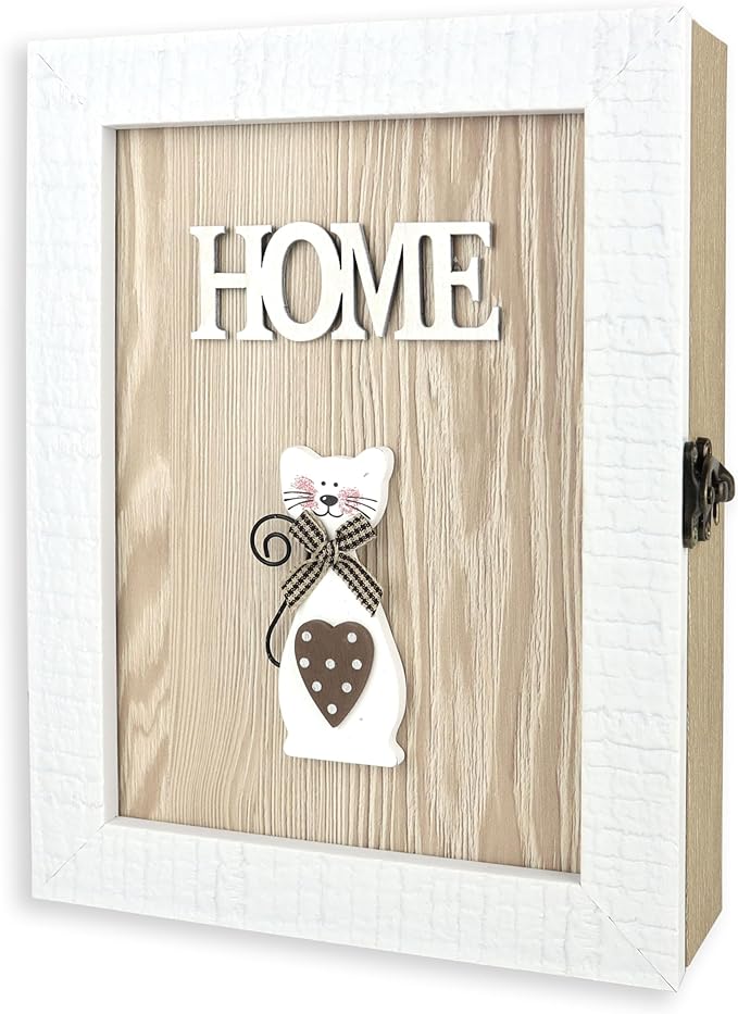 VELISTA Wooden Key Box Wall Mount – Cute and Rustic Decorative Key Cabinet – Premium Cabinet Key Holder with 6-Hooks – Small Key Holder Box - Farmhouse Wall Décor – Vintage Key Rack Cabinet (Oak)