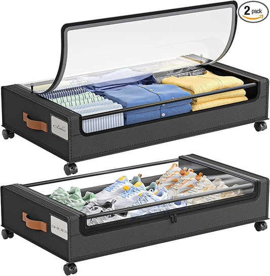 LAMU Under Bed Storage with Wheels, 2 Pack Under Bed Storage Containers with Clear Lid, XXL 60L Underbed Storage Bins, Rolling Under Bed Metal Drawers for Clothes, Blankets, Shoes, Black