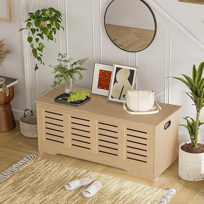 DINZI LVJ Storage Chest, 47.3âWooden Storage Box with 2 Safety Hinges, Entryway Shoe Bench with Flip-Top, Farmhouse Style Trunk for Living Room, Bedroom, Play Room, Easy Assembly, Natural