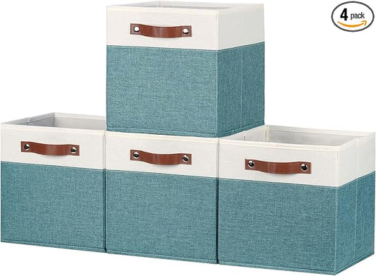 HNZIGE Storage Organizer Bins Fabric Cubes for Cube Organizer Bins for Organizing 11 Cube Storage Bin, Collapsible Storage Bins with Handles,Foldable Storage Cubes(White&Dark Green)