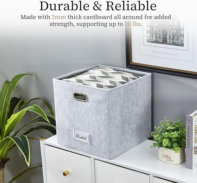 DECOMOMO Felt Storage Bins, 13 inch Cube Storage Bins with Labels for Organization (Cube 13" / 6pcs, Silver Grey)
