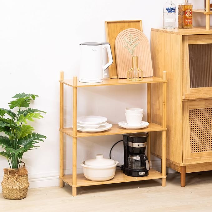 3-Tier Expandable Freestanding Open Bamboo Book Shelf - No-Tool Assembly & Modular,Bathroom Storage Shelf Unit Plant Stand for Small Space, Bedroom, Living Room, Home Office