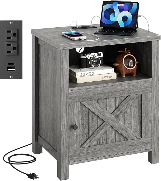 Marsail Farmhouse Nightstand with Charging Station, Wood Bedside Table with USB Port & AC Outlet, Open Shelf and Enclosed Cabinet, Side Table with Storage for Bedroom, Grey