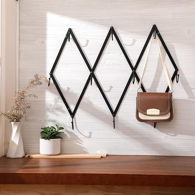 Kathfly Vintage Accordion Wall Hanger with 10 Hooks Folding Hand Forged Iron Accordion Rack Metal Expending Hat Coat Rack Wall Hook for Towels, Hats, Mugs, Bags, Stockings