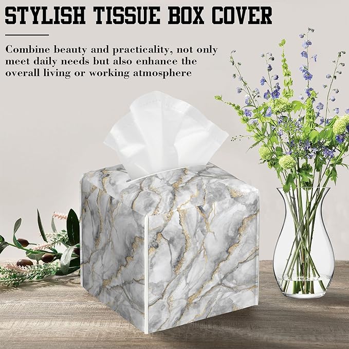 Tissue Box Cover White Marble with Gold Veins Leather Tissue Box Holder Cube Paper Case Cover Facial Paper Organizer Dispenser for Bathroom, Vanity Countertop, Office Desk