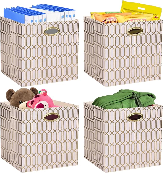 Posprica Storage Bins, Storage Cubes, 11Ã11 Fabric Drawers Organizer Basket Boxes Containers (11Ã11Ã11/4pcs, Cream/gold geometry Pattern)