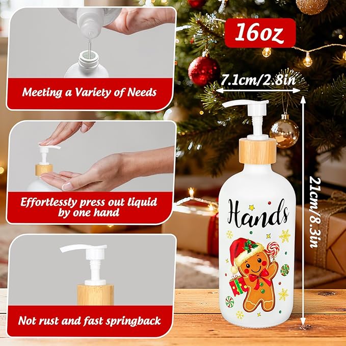 2Pcs Christmas Soap Dispenser Refillable Liquid Container Gingerbread Man Candy Glass Soap Dispenser with Pump for Xmas Holiday Home Kitchen Countertop Decor