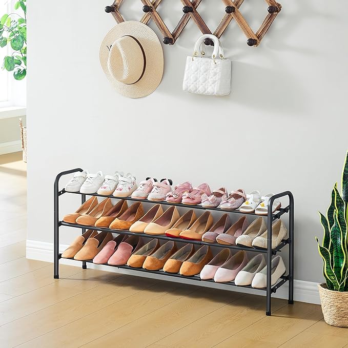 3 Tier Shoe Organizer, Shoe Rack for Closet, 28“ Metal Shelf Can Expandable to 42“, for Bedroom, Entryway, Closet, Garage, Adjustable to 18 Pairs Shoes, Black