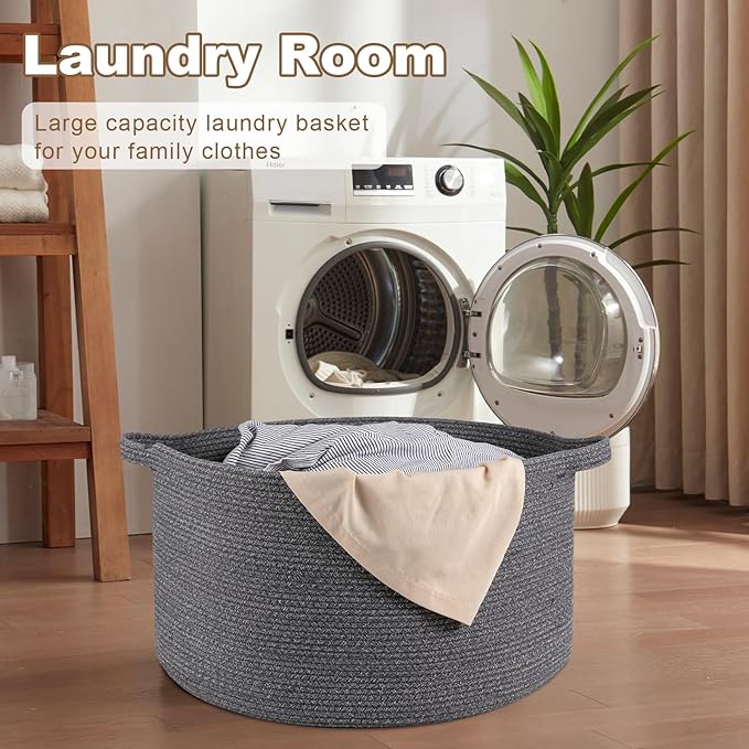 Large Woven Baskets for Storage, 23.6" x 23.6" x 14.6" Blanket Storage Living Room, Baby Toy Basket for Clothes, Pillows, Towels, Shoe Basket for Entryway (Dark Grey)