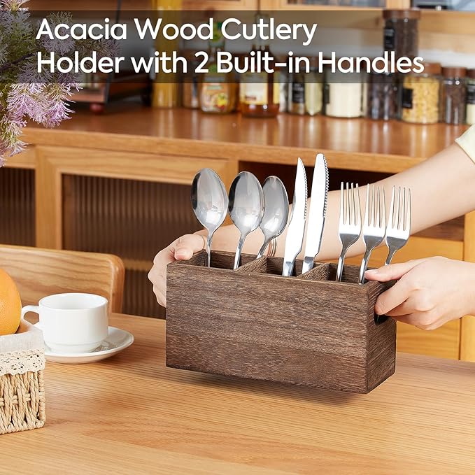 Wooden Silverware Holder, Kitchen Utensil Caddy with 3 Compartments, Cutlery Storage Organizer Countertop, Flatware Organizer for Party, Spoon, Fork Holder