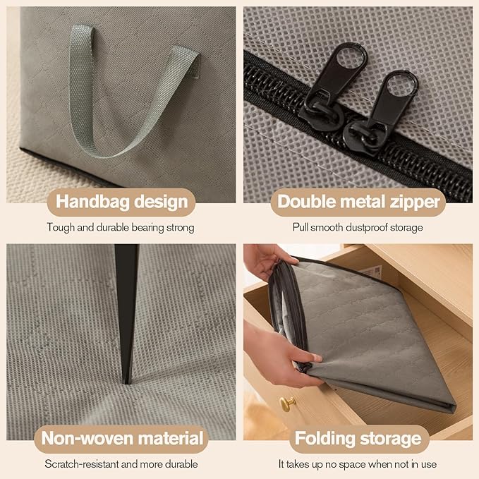 Large Storage Bags,Clothes Storage Bins Foldable Closet Organizers Storage Containers with Durable Handles Thick Fabric for Blanket Comforter Clothing Bedding grey, 90L(4Pick)