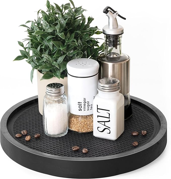 EOSAHR Non-Skid Wooden Lazy Susan Turntable for Cabinet â Chic 10.5" Lazy Susan Turntable and Bathroom Tray for Bathroom Decor & Coffee Table - Ideal for Home and Kitchen (Black)