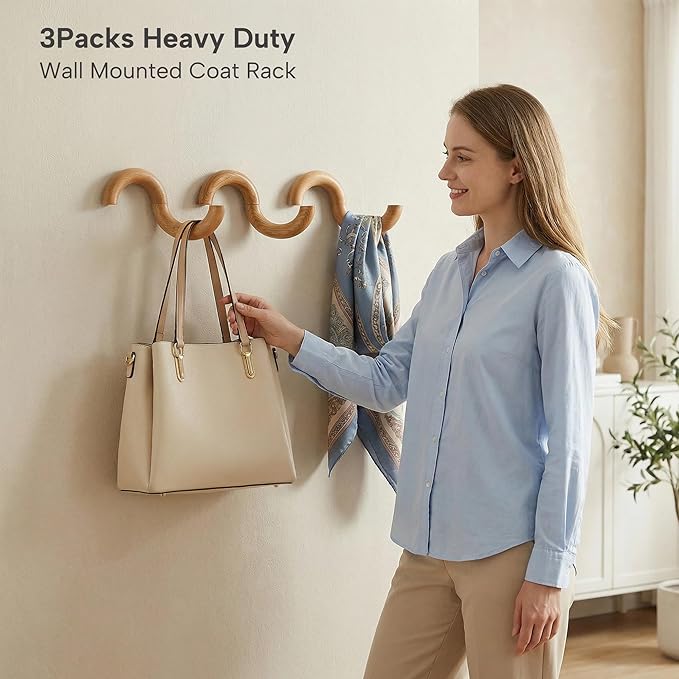 3Pack Coat Hooks Wall Mount for Hanging,Rotatable Wooden Wall Hooks Modern Hat Rack Key Holder Entryway Organizer Clothes Hanger Home Decor for Bedroom Kitchen Hallway Bathroom