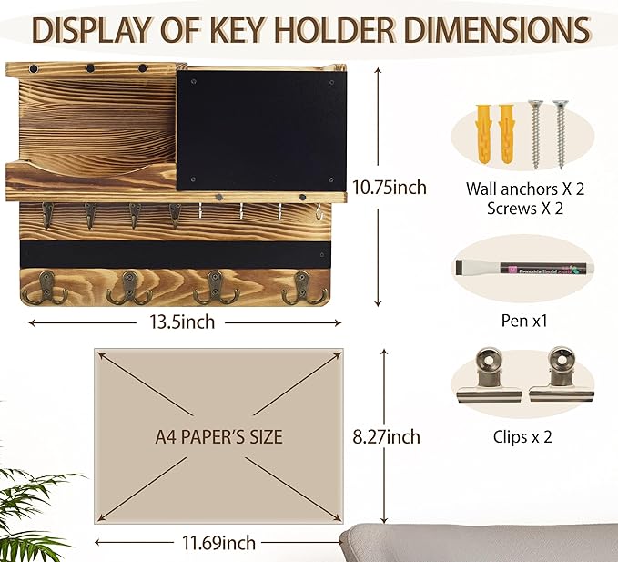 Key Holder for Wall Mount with Shelf and Mail Organizer, Key and Mail Holder with 16 Hooks, Farmhouse Entryway Organizer, Home Decor Rack(Pine Wood, Wood Color)