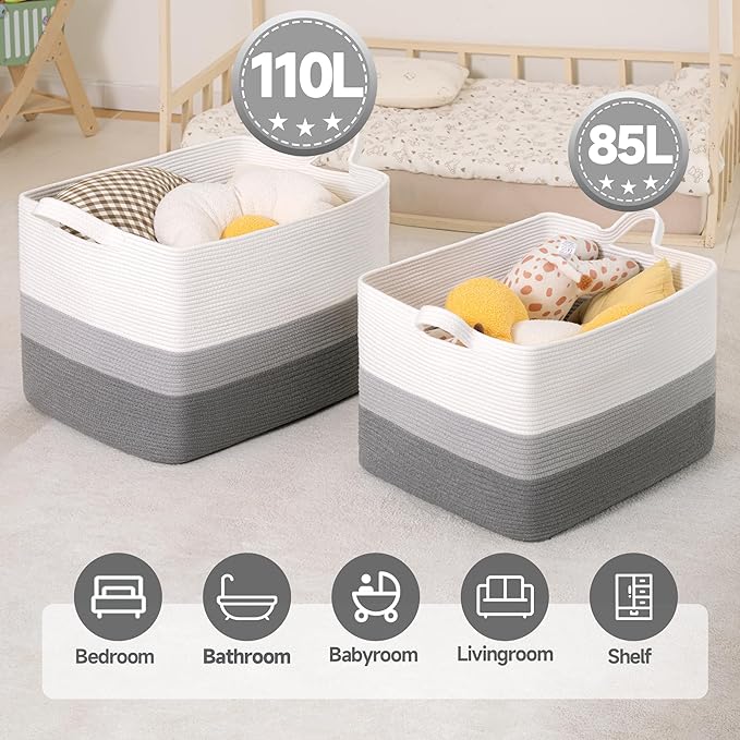 CLHMILY&Z Stylish Square Cotton Rope Storage Basket (Grey & White, 85L)