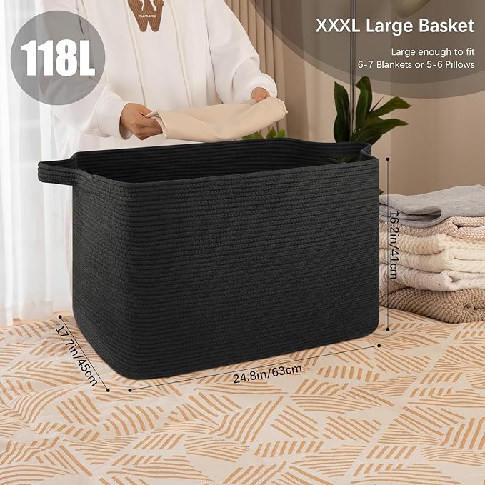 118L Extra Large Blanket Basket, 24.8"x17.7"x16.2" Woven Rope Baskets for Storage, Nursery Blanket Storage for Living Room, Toy Basket with Handle Organizing Comforter Cushions Pillows, Black