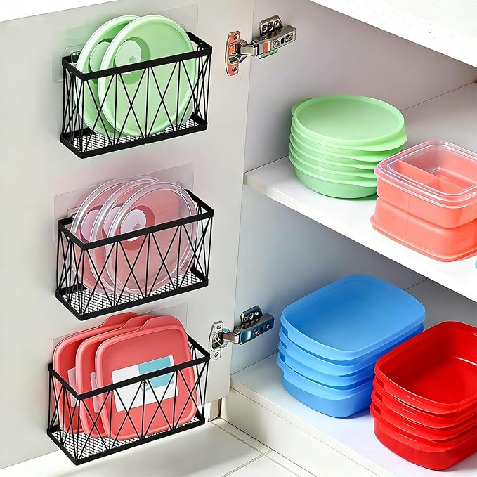 Tupperware Organizer for Cabinet, Adhesive Cabinet Door Organizer Wall Mounted Lid Organizer No Drill Kitchen Cabinet Organizers Storage for Slim Space 3 Pcs Black Stainless Steel