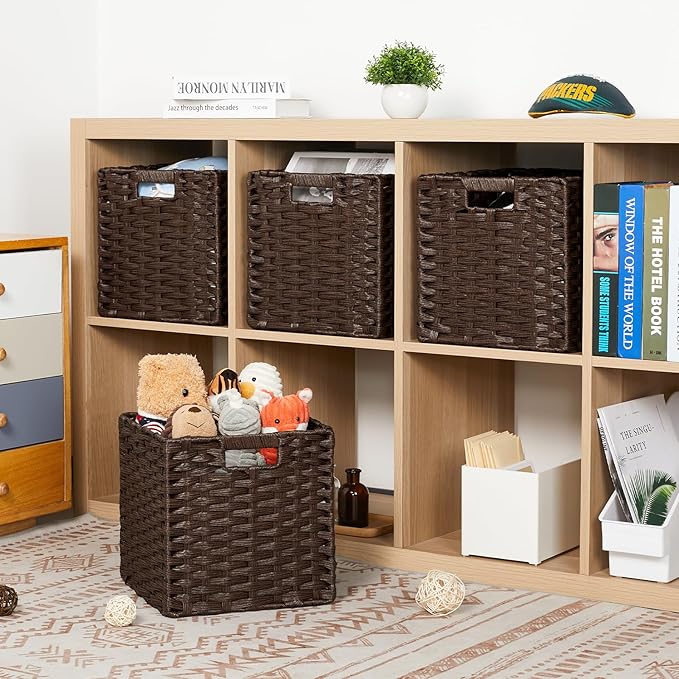 DULLEMELO Wicker Storage Bins 11x11 Storage Cubes for Organizing Plastic Woven Baskets for Storage Set of 2 Waterproof Woven Storage Cube Organizer for Pantry Closet Set of 2 - Deep Coffee