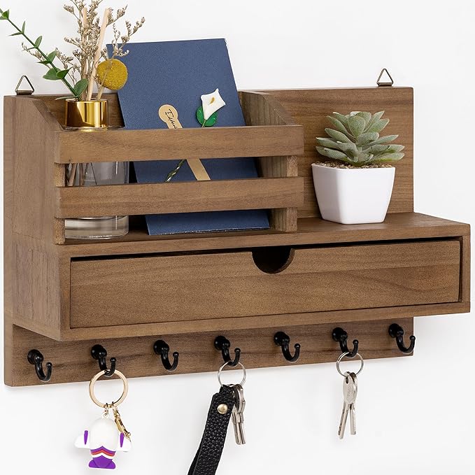 Key and Mail Holder for Wall, Mail Organizer Wall Mount with 6 Hooks and Storage Drawer, Wooden Key Rack Hanger with Shelf for Entryway and Home Decor