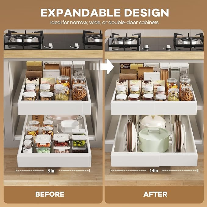 4 Pack Pull out Cabinet Organizer 21" Deep With Raising Pad for Framed Cabinets, Expandable (9"-14" W) Slide out Drawers for Kitchen Cabinets with 4pcs Divider Racks, Roll out Shelves, White