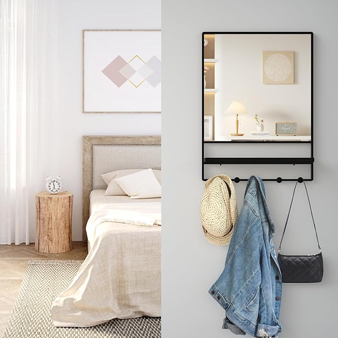 WONSTART Wall Mirror with Shelf and Hooks,Vanity Mirror with Hooks, 21 X 28 inch Metal Framed Bathroom Mirror with Shelf for Bathroom, Entryway, Bedroom, Living Room (Black, 21" x 28")