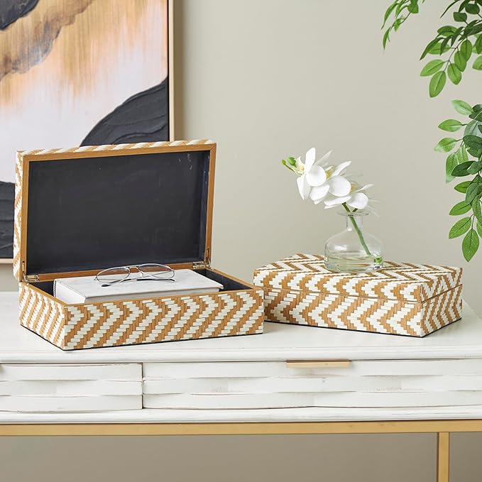 Deco 79 Paper Geometric Handmade Decorative Box Woven Zig Zag Storage Decorative Keepsake Box with Cream Accents, Set of 2 Storage Box 12", 8"W, Brown