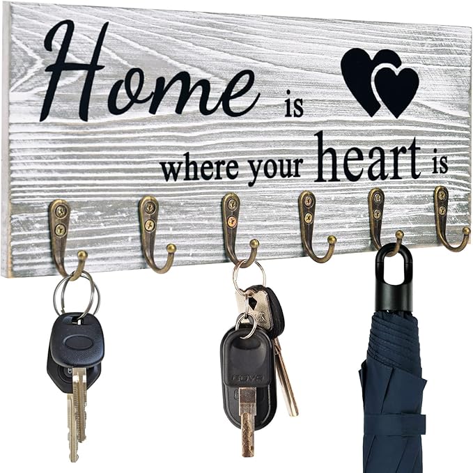AHYS Key Holder Wall Mount Rustic Wooden Key Hanger with 6 Hooks for Farmhouse Home Entryway Living Room Decor - Light Grey