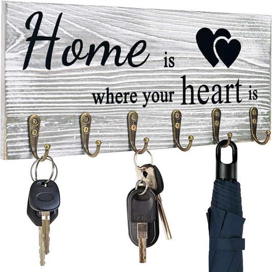 AHYS Key Holder Wall Mount Rustic Wooden Key Hanger with 6 Hooks for Farmhouse Home Entryway Living Room Decor - Light Grey