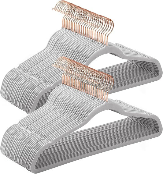 SONGMICS Slim Velvet Hangers, Non-Slip Clothes Hangers with Rose Gold Swivel Hooks, Space-Saving, for Closet, 50 Pack, Dove Gray UCRF026G50