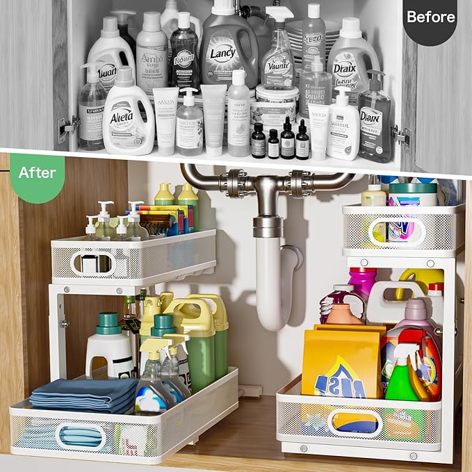 Under Sink Organizer, Height Adjustable 2 Tier Under Sink Organizers and Storage, Slide Out Metal Cabinet Organizers, Pull Out Sink Storage Drawer Shelf for Kitchen Bathroom Cabinet, White, 2 Pack