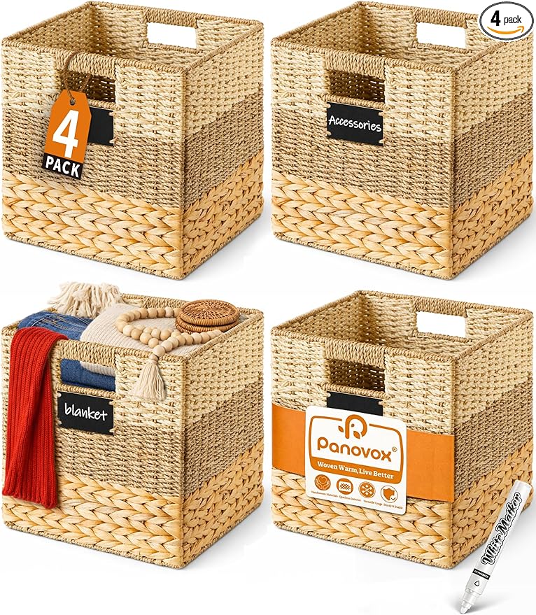 Storage Basket, 10.5x10.5x10.5 Inch Storage Cubes, Water Hyacinth Wicker Basket for Storage, Handmade Woven Baskets for Organizing, Set of 4 Wicker Storage Baskets for Shelves
