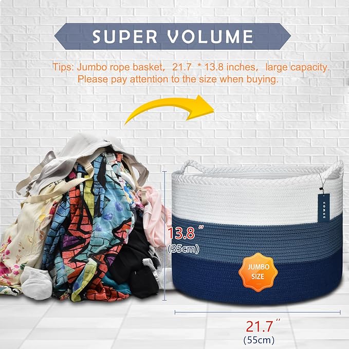 COMSE Extra Large Blanket Basket, Woven Laundry Basket, 21.7âx 13.8â, Nursery Hamper, Cotton Rope Laundry Hamper Living Room for Storage Toys Clothes Towels (White & Cadet Blue & Navy Blue)