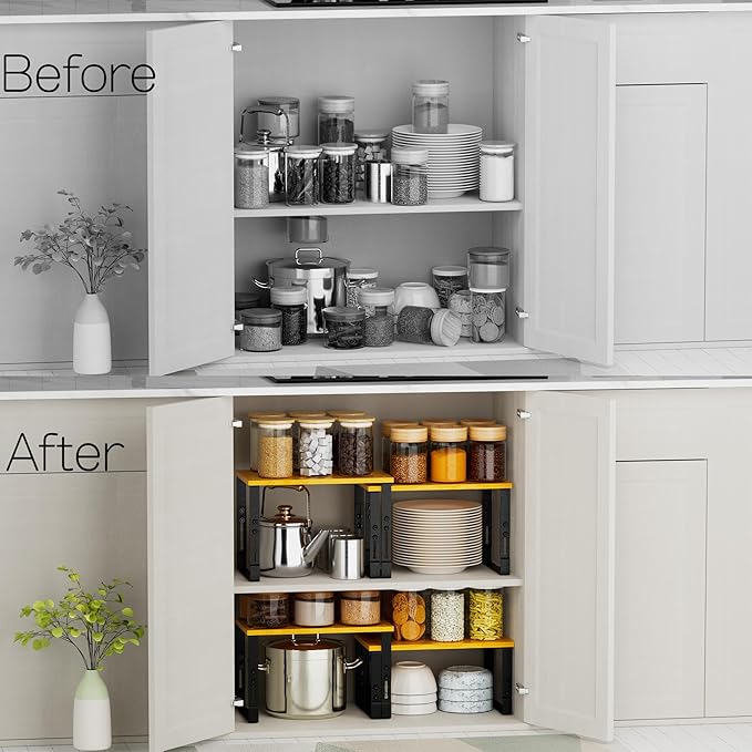 Expandable Kitchen Cabinet Organizer Shelves â Stackable Adjustable Metal and Wood Storage Racks for Countertop, Pantry, Garage Set of 2 Spice Rack â Easy Assembly, Space-Saving(1 Pack/Large/Black)