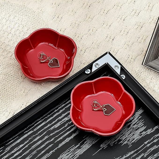 Koythin 2-Piece Small Trinket Dish, Ceramic Jewelry Ring Dish, Flower Key Holder Bowl for Women, Decorative Plate Tray for Dresser, Home Decor Organizer Trinket Tray (Five Petal Flower, Red)