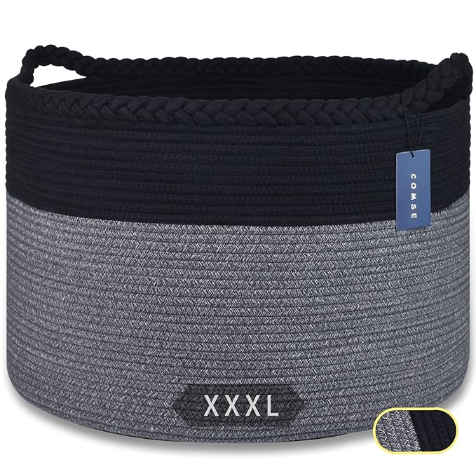 COMSE Extra Large Blanket Basket, Woven Laundry Basket, 21.7âx 13.8â, Nursery Hamper, Cotton Rope Laundry Hamper Living Room for Storage Toys Clothes Towels(Black & Gray)