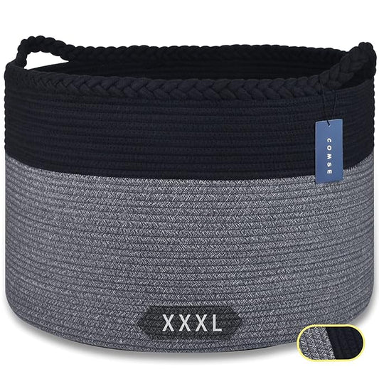 COMSE Extra Large Blanket Basket, Woven Laundry Basket, 21.7âx 13.8â, Nursery Hamper, Cotton Rope Laundry Hamper Living Room for Storage Toys Clothes Towels(Black & Gray)