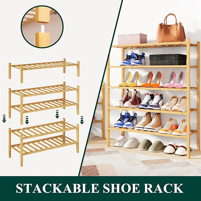 Smiry Shoe Rack, 3 Tier Bamboo Shoe Organizer, Stackable Free Standing Wooden Shoe Storage Shelf for Closet, Entryway, Front Door Entrance, Natural (Pack of 2)