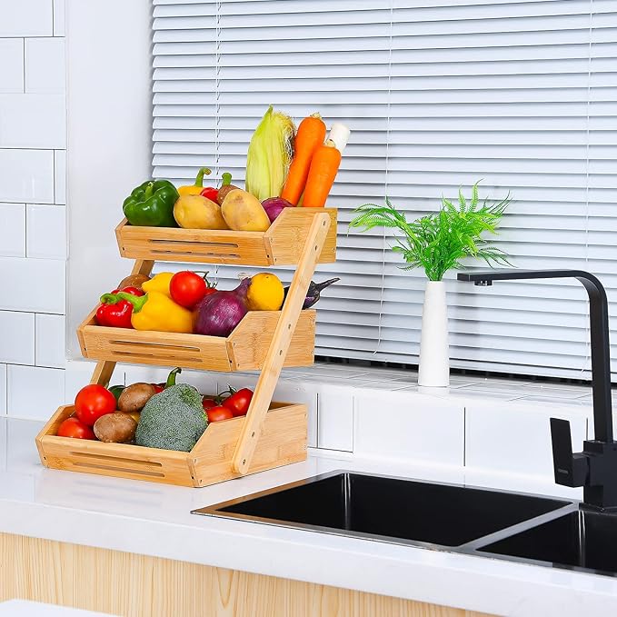 Fruit Basket, 3 Tier Bamboo Fruit Bowl for Kitchen, Stand Storage Holder, Heavy Duty/Large Capacity for Fruit, Vegetables Countertop Organizer