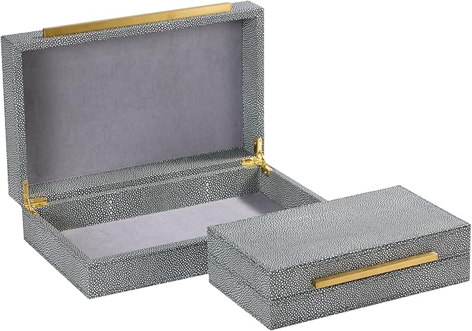 Sagala Set of 2 Grey Shagreen Decorative Boxes With Gold Metal Handles, Faux Leather Jewelry Boxes Modern Storages Photo Memory Boxes Home Organizer Boxes (Grey-Gold, 2pack)