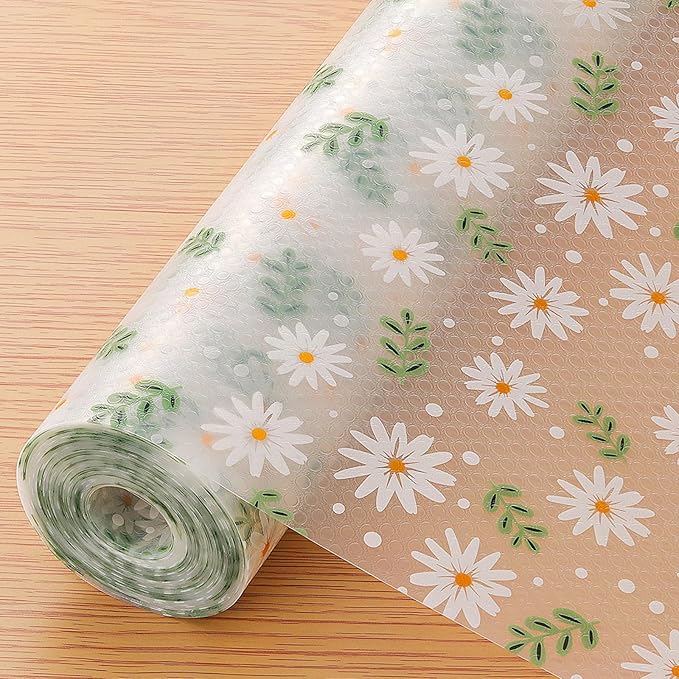 INNOLITES Shelf Liner for Cabinets, Non-Adhesive for Kitchen Drawer Liner, Waterproof Shelf Paper with Floral Pattern, Durable Easy to Clean (Green Daisy, 11.8" x 120")