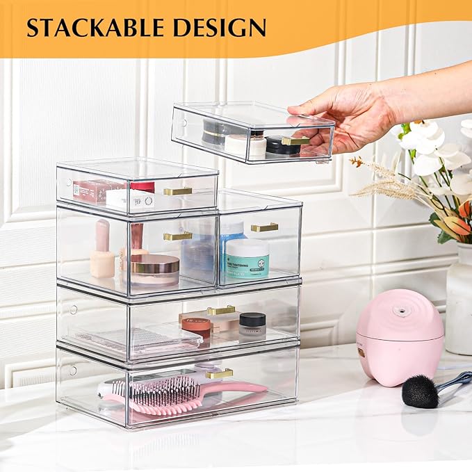 Stackable Storage Drawers, 6 Pack Clear Acrylic Organizer Bins with Golden Handles, Multi-Size Plastic Drawers for Makeup, Vanity, Kitchen, Bathroom, Office, Pantry Organization and Storage