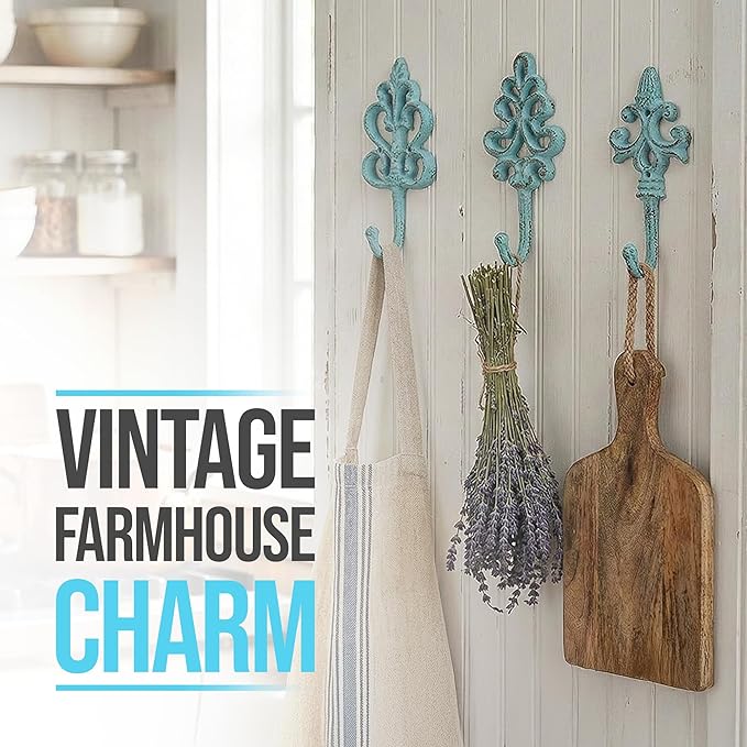 Comfify Shabby Chic Decorative Wall Hooks - Set of 3 - Cast Iron French Country Wall Decor - Farmhouse Hangers for Coats, Purses and More - Blue
