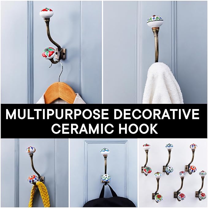 Indian Shelf Pack of 12 Heavy Duty Double Prong Multicolor Decorative Coat Hooks Unique Coat Rack Wall Mount Ceramic Wall Hooks for Hanging Towel Holder Backpack Purse Hanger- Style 10