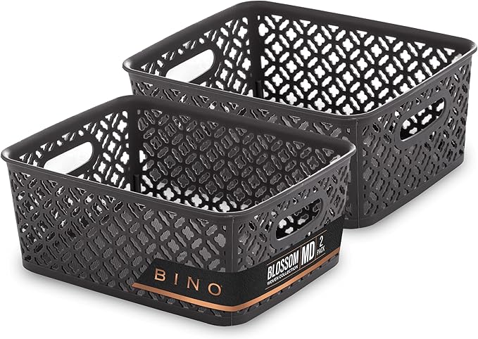 BINO l Plastic Storage Baskets, Medium - Grey | THE BLOSSOM COLLECTION l Multi-Use Organizer Bin l Built-in Handles l Plastic Woven Basket for Organizing l Pantry & Home Organizing Basket