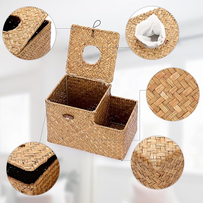 Sumnacon Square Woven Tissue Box Cover - Decorative Cube Tissue Box with Side Organizer, Rustic Seagrass Tissue Holder for Living Room Vanity Night Stand Table Countertop Office,Caramel