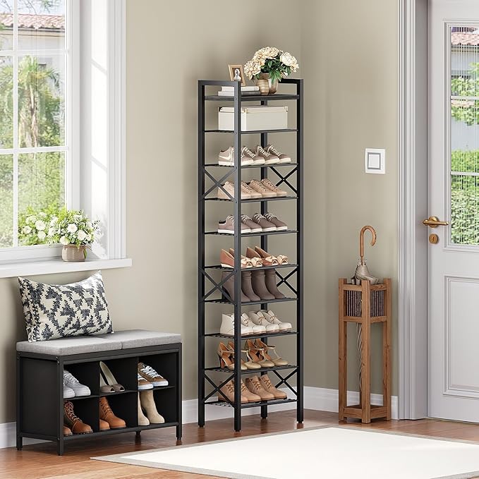10-Tier Narrow Shoe Rack, Tall Shoe Rack for 10-20 Pairs, Slim Shoe Storage Organizer with Wooden Top, Space Saving, Metal Frame, for Entryway, Charcoal and Black SS68BC