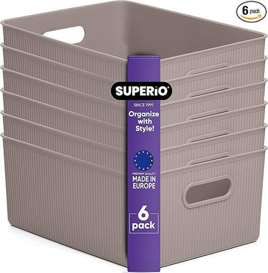 Superio Ribbed Collection - Decorative Plastic Basket Open Home Storage Bins Organizer, Large Taupe (6 Pack) Container Boxes for Organizing Closet Storage Bins for Shelves 15 Liter/16 Quart