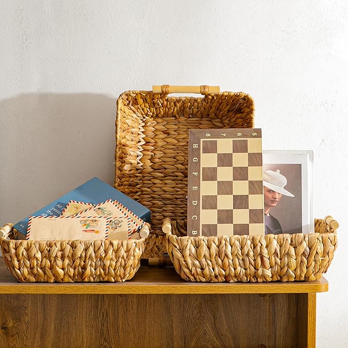 Woven Storage Baskets â Set of 3 Handwoven Water Hyacinth Wicker Baskets with Wooden Handles for Organizing, Decorative Baskets for Laundry Room, Home Decor - Large, Medium & Small