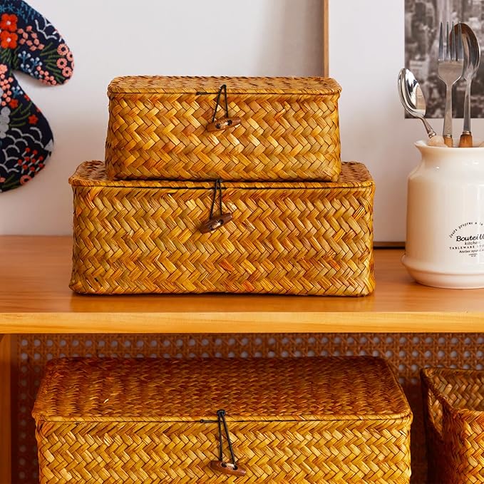 Wicker Storage Box with Lid, Handwoven Baskets for Storage, Rectangle Decorative Baskets Bins Container for Shelf Organizing Home, Set of 3, Natural